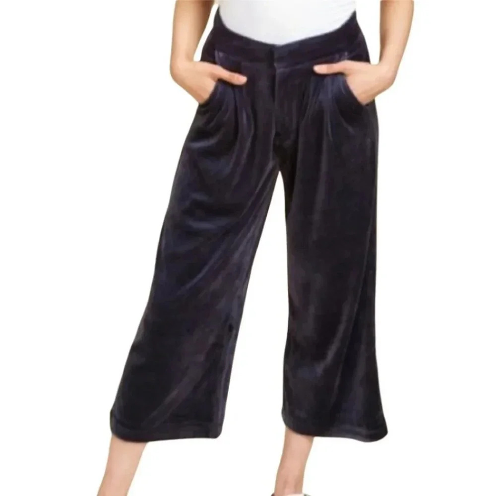 Juicy Couture Velvet Velour Wide Leg Trouser Cropped Pants Regal Navy Blue Small